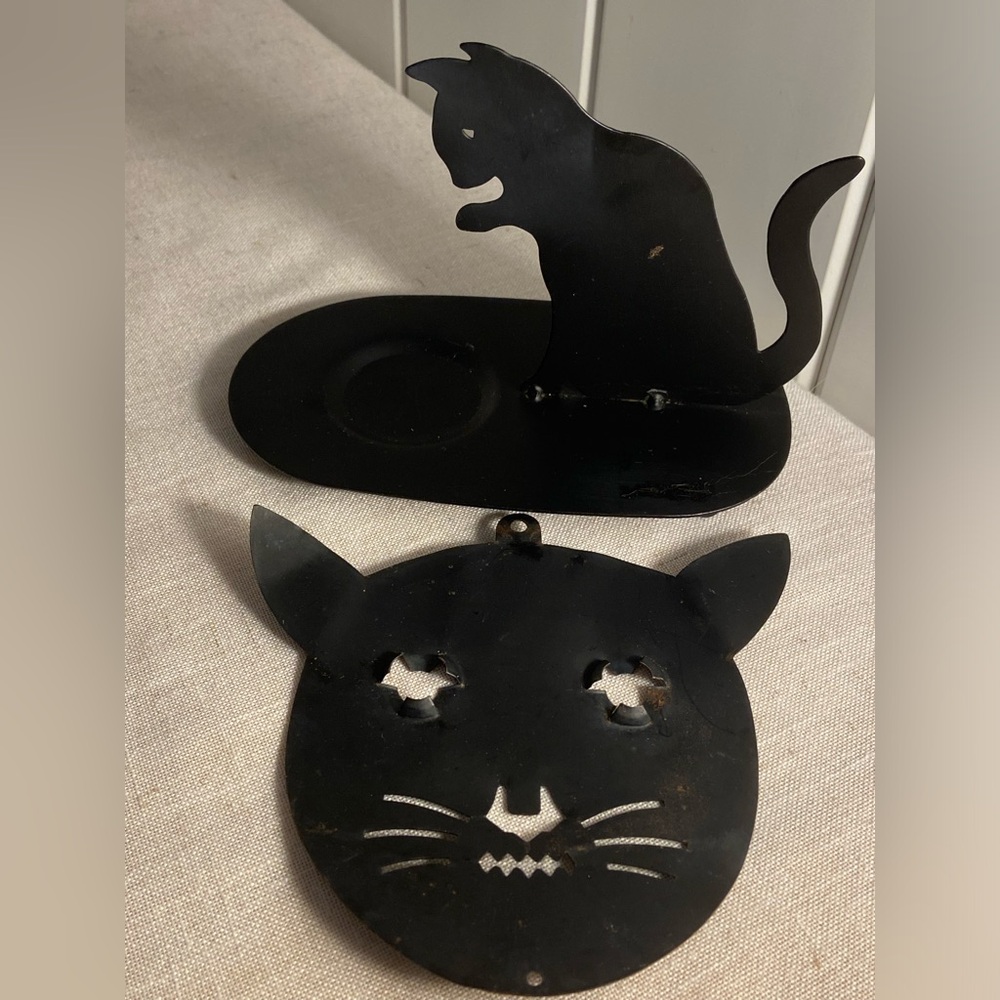 Vintage Black Cat face Metal Wall Decor candle holder LOT black cat silhouette - Picture 2 of 16